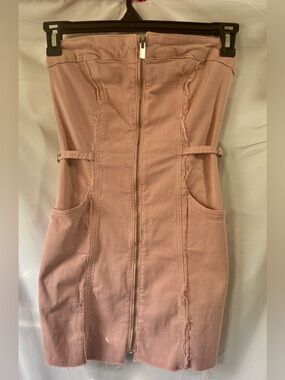 Zara Strapless Blush Pink Denim Zip-Front Bodycon Raw Hem Dress NWT